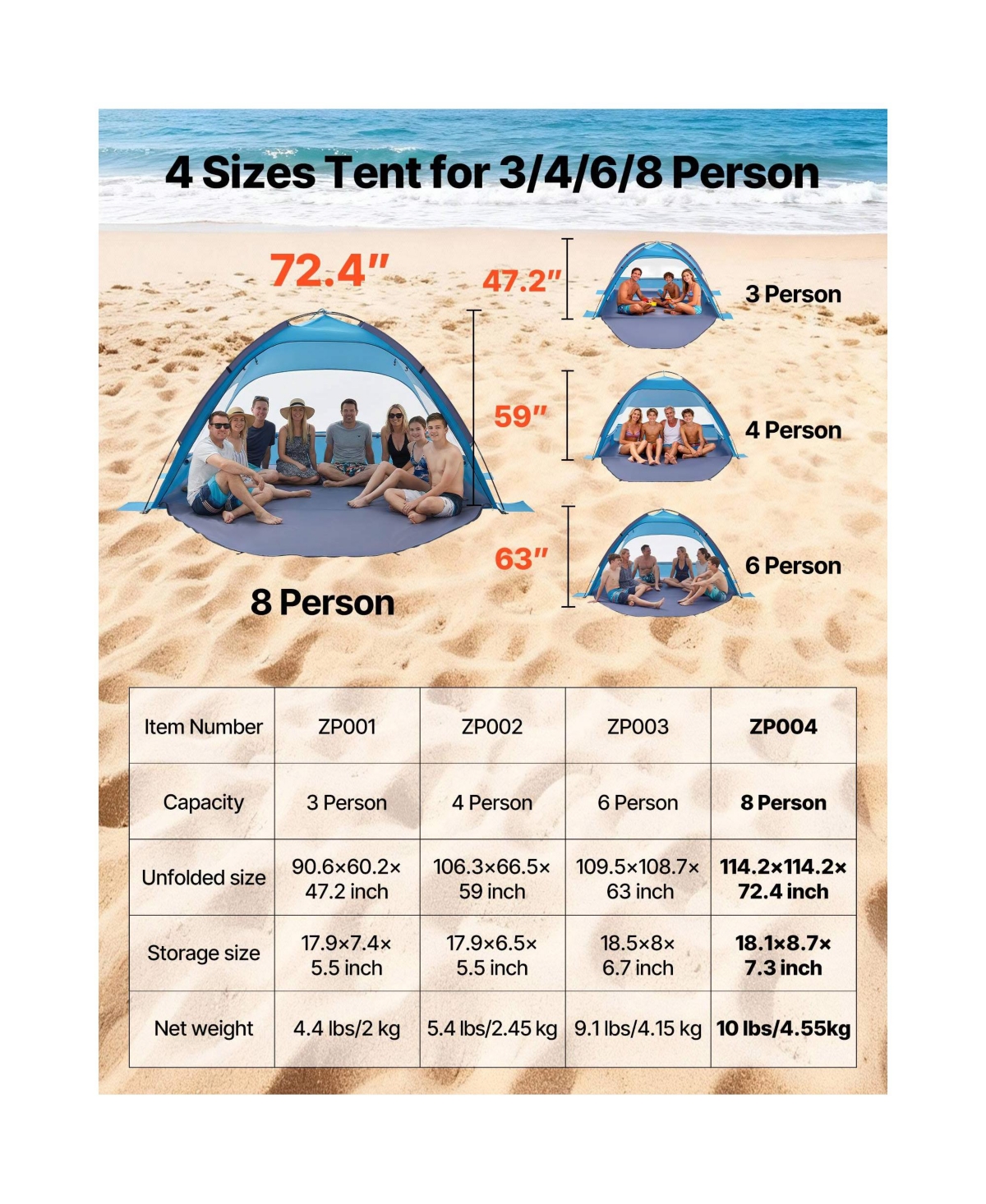 Sevorley 8-Person Beach Tent Sun Shelter with Upf 50+ Canopy and Curtains