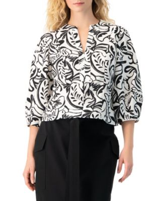 Women's Graphic Brushstroke Floral Woven V-Neck Blouse