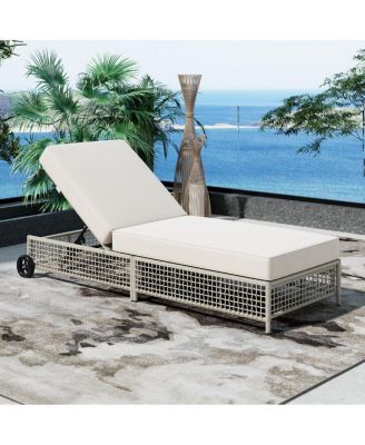 Outdoor Lounge Chair, 5-Position Rattan Patio Chaise with Wheels and Cushion