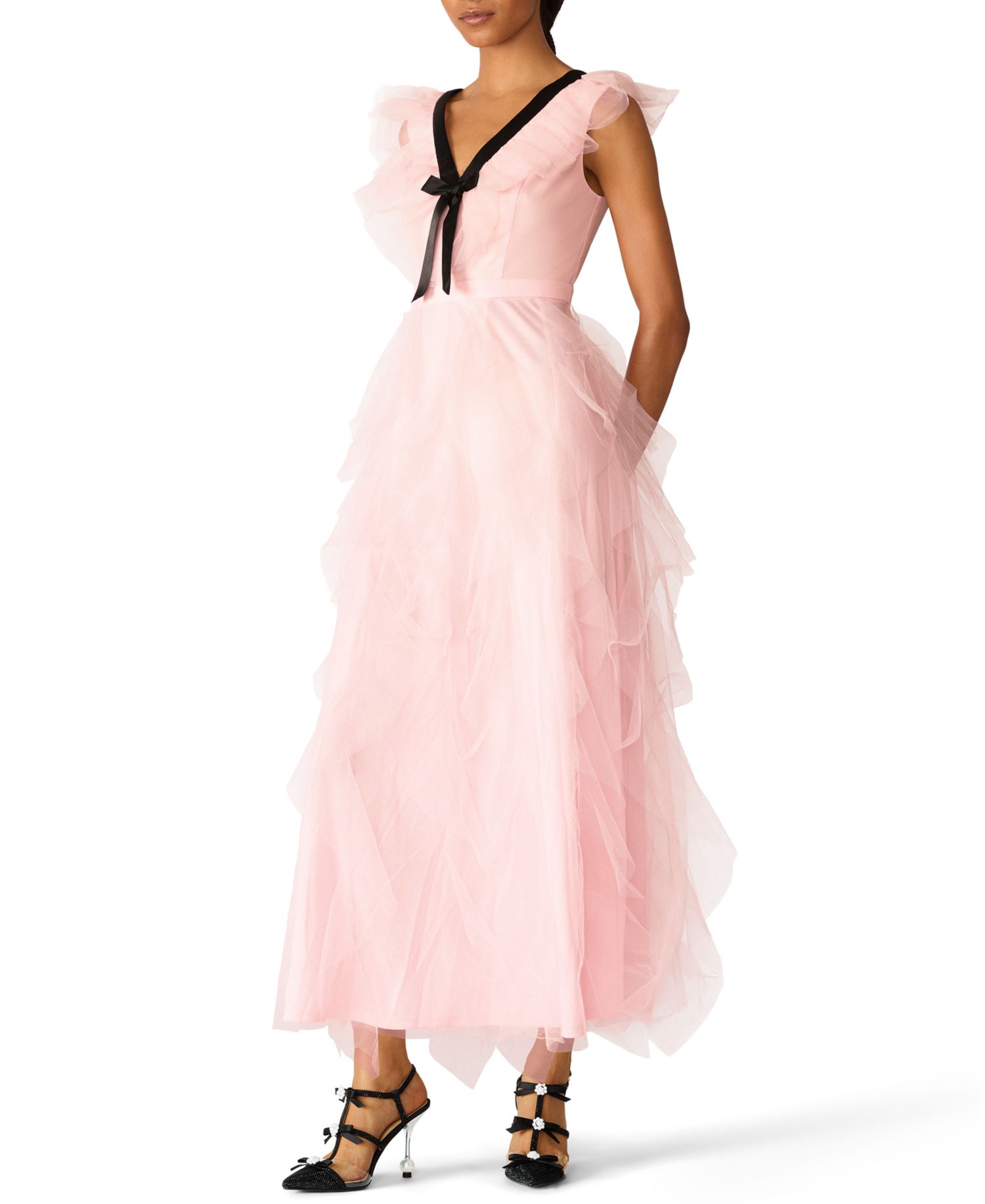 x Paris Hilton Juniors' Cascading Tulle Contrast Bow V-Neck Maxi Dress