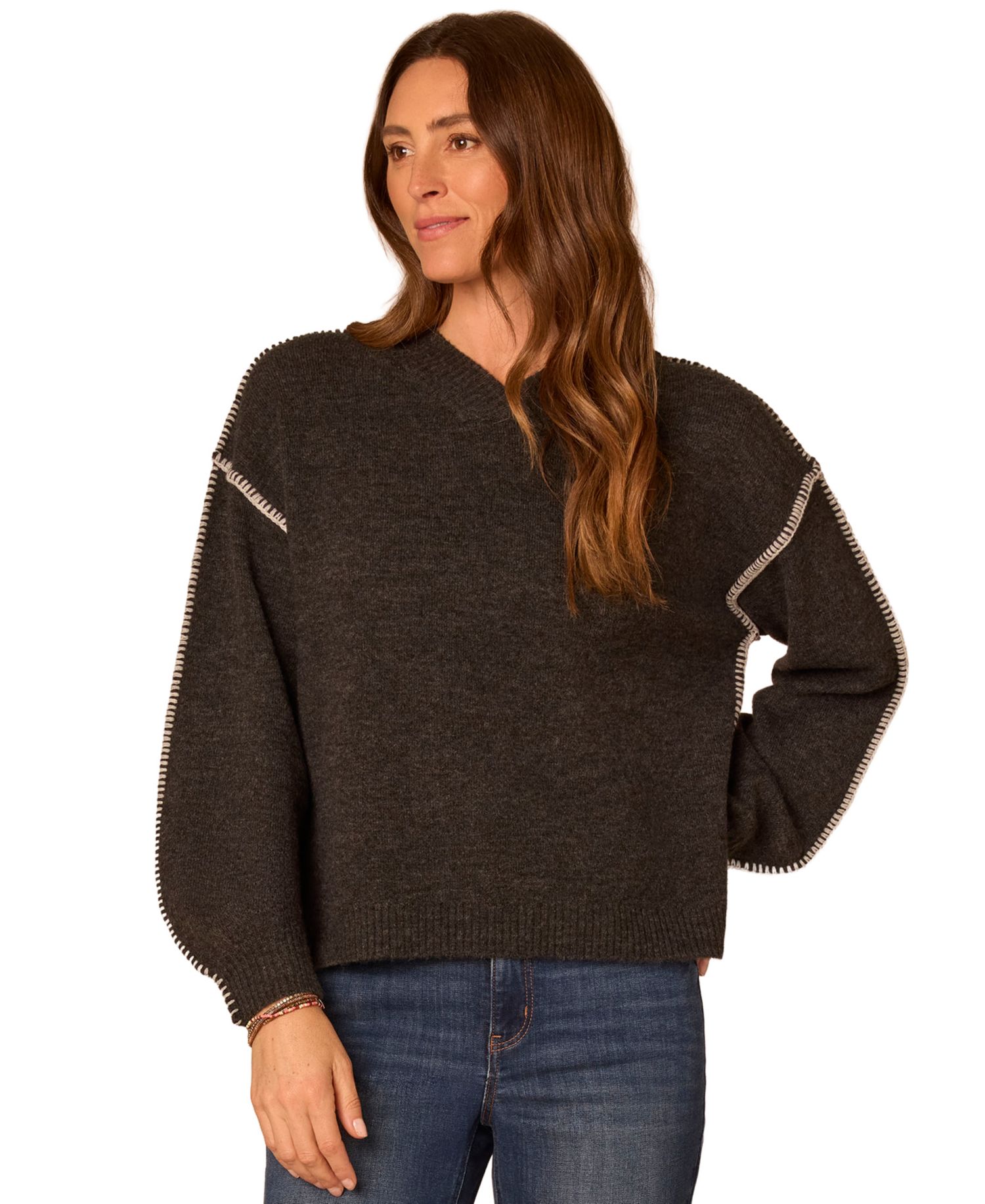 Petite Whip-Stitch Long-Blouson Sleeves V-Neck Pullover Sweater