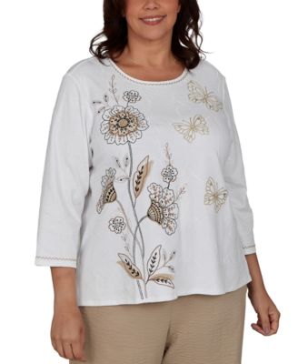 Plus Size Travel Advisory Floral-Embroidered 3/4-Sleeve Top