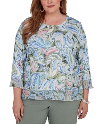 Plus Size Provence Paisley Woven-Trim 3/4-Sleeve Blouse