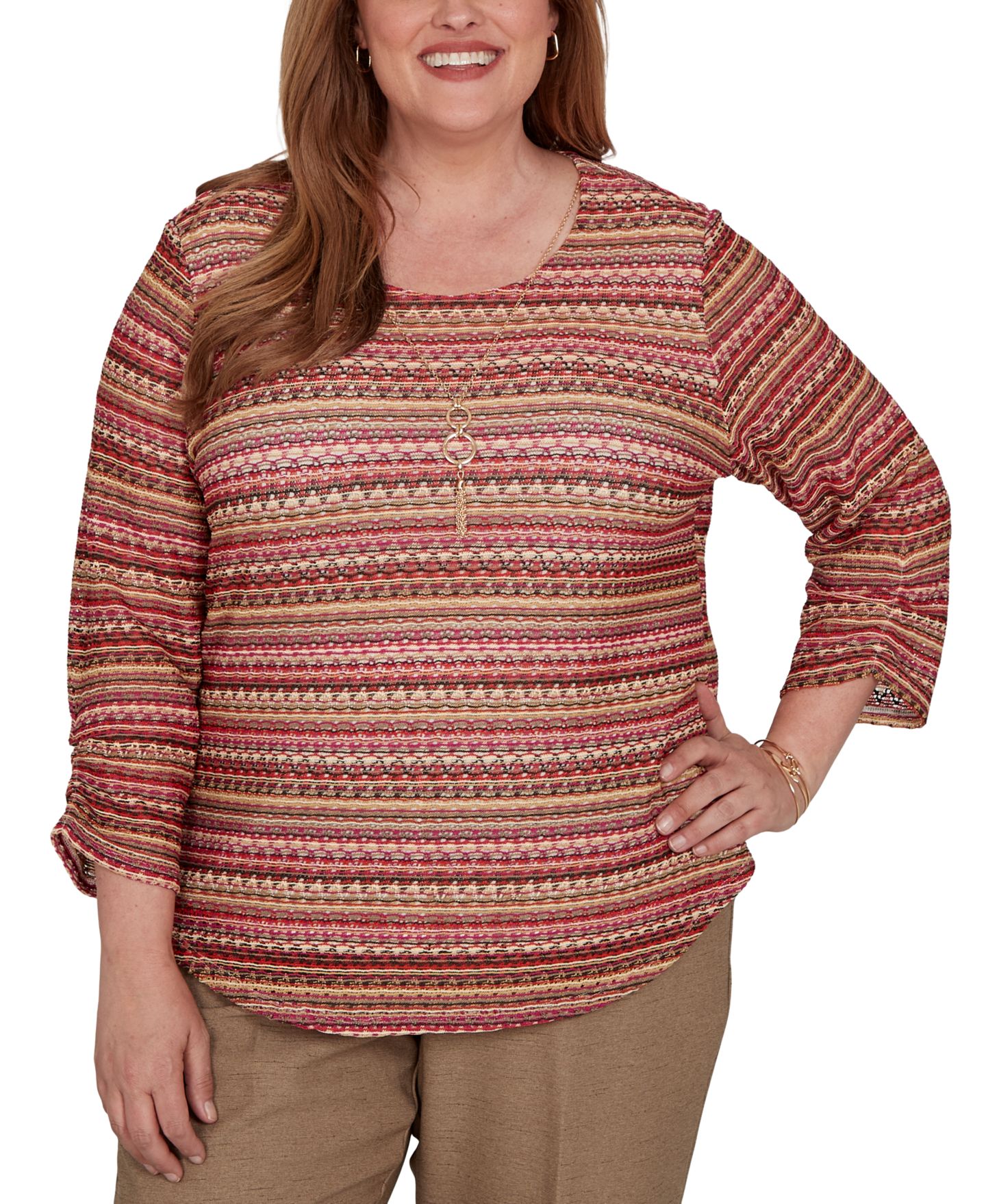 Женская футболка Alfred Dunner Plus Size Union Square 3/4-Sleeve Striped, цвет: Коричневый разноцветный — фото 1
