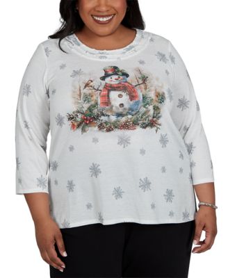 Plus Size Shimmering Snowman 3/4-Sleeve Holiday Top