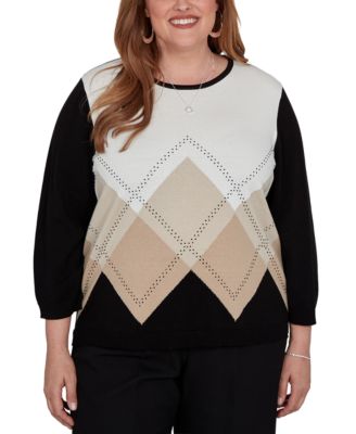 Plus Size Argyle Beaded 3/4-Sleeve Cotton-Blend Sweater