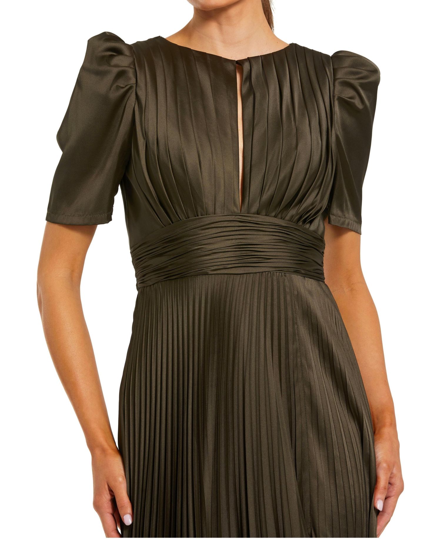 Petite Pleated Charmeuse Keyhole Puff Sleeve Evening Gown