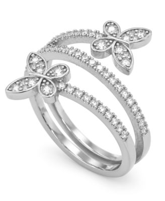 Cubic Zirconia (0.85 ct.t.w.) Pave Bypass Butterfly Ring in Fine Silver Plated