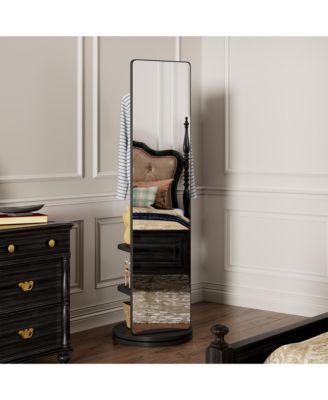 69 x 20 Inch 360 Rotating Full-Length Mirror with Hook Storage Rack Coat Rack Solid Wood Floor Mirror for Bedroom Living Room