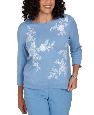 Petite Provence Lacey Floral Embroidered 3/4-Sleeve Sweater