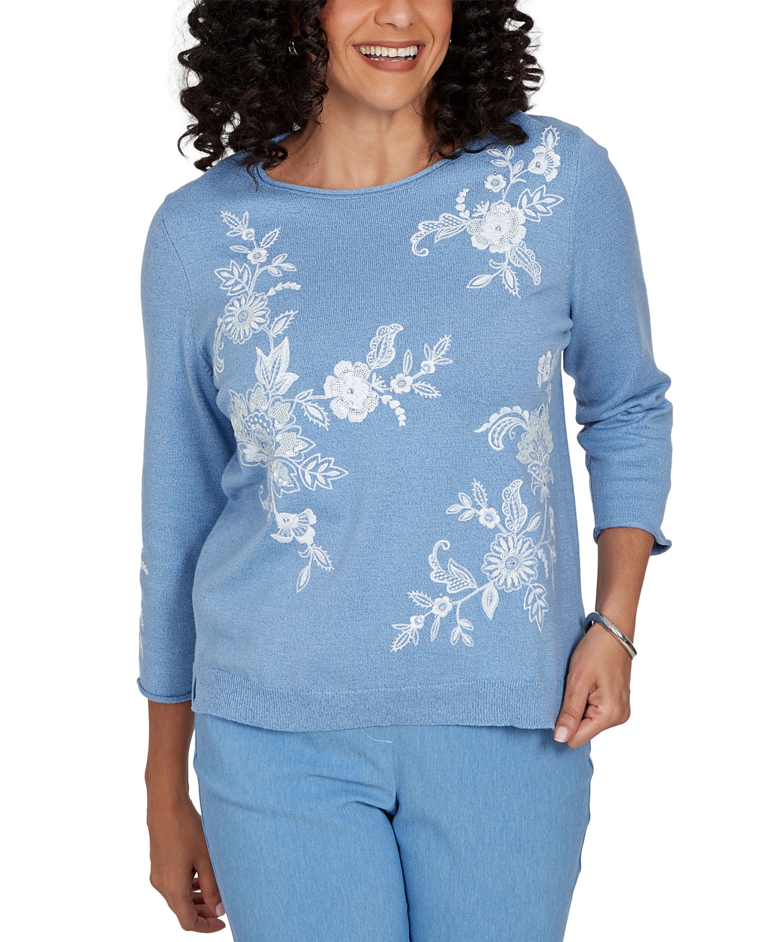 Petite Provence Lacey Floral Embroidered 3/4-Sleeve Sweater