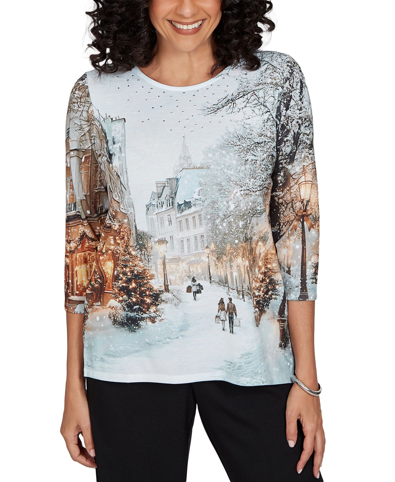 Petite Classic Christmas In The City Holiday Embellished Print Knit Top