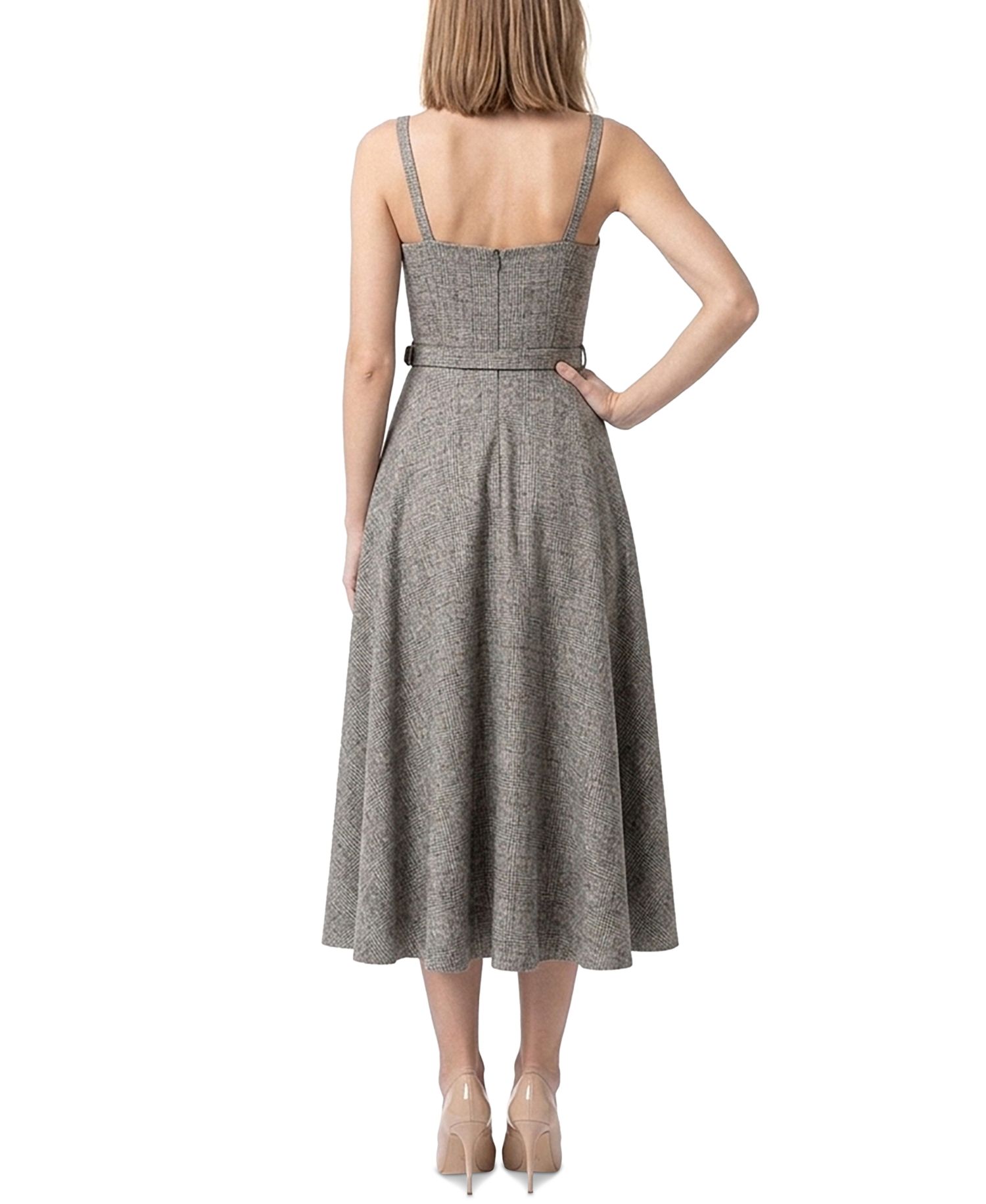 Women's Plaid Belted Sweetheart Neck A-Line Midi Dress
