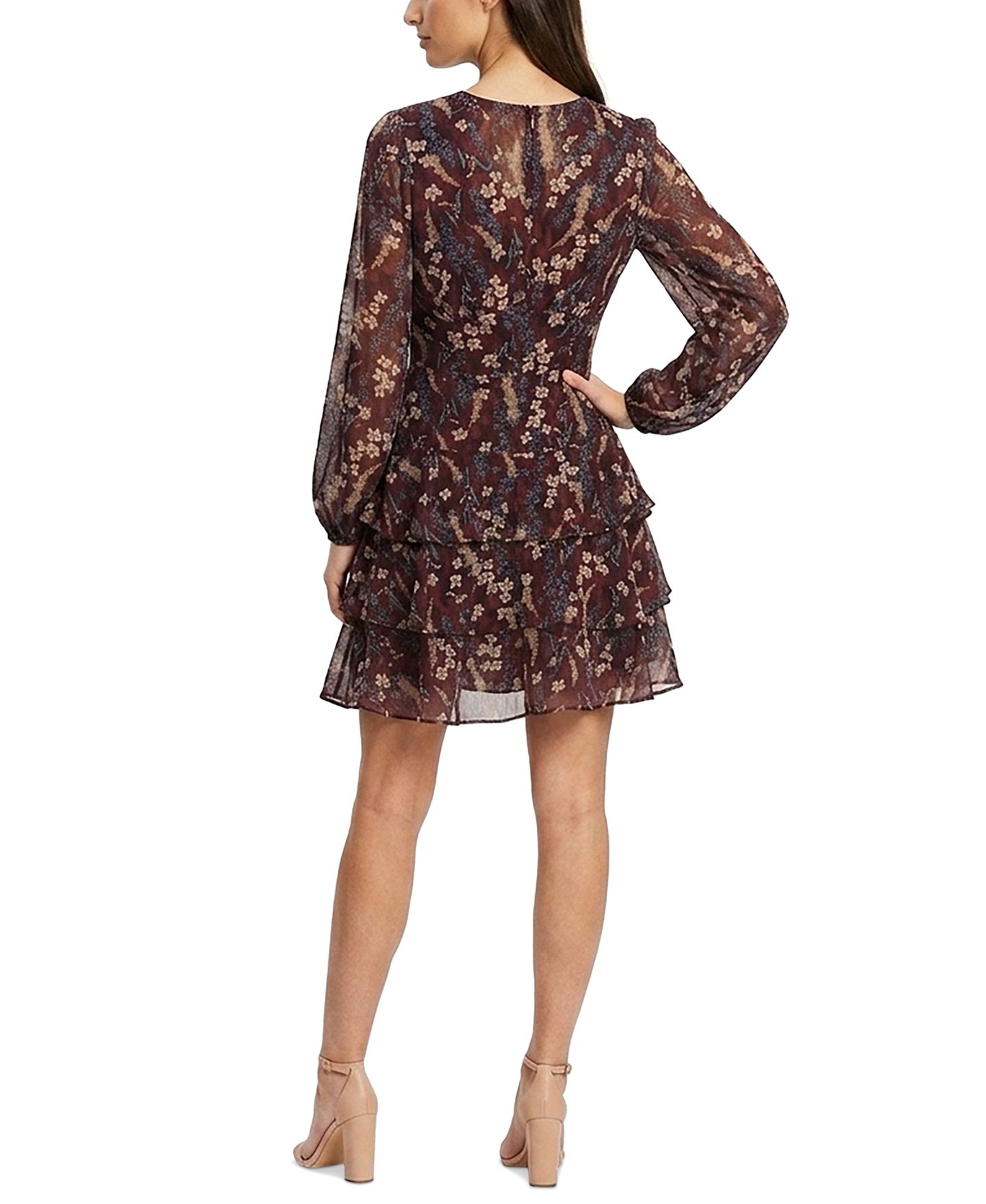 Женское платье Taylor Floral-Print Tiered Long-Sleeve V-Neck Mini, цвет: Тёмно-бордовый серо-коричневый синий — фото 3
