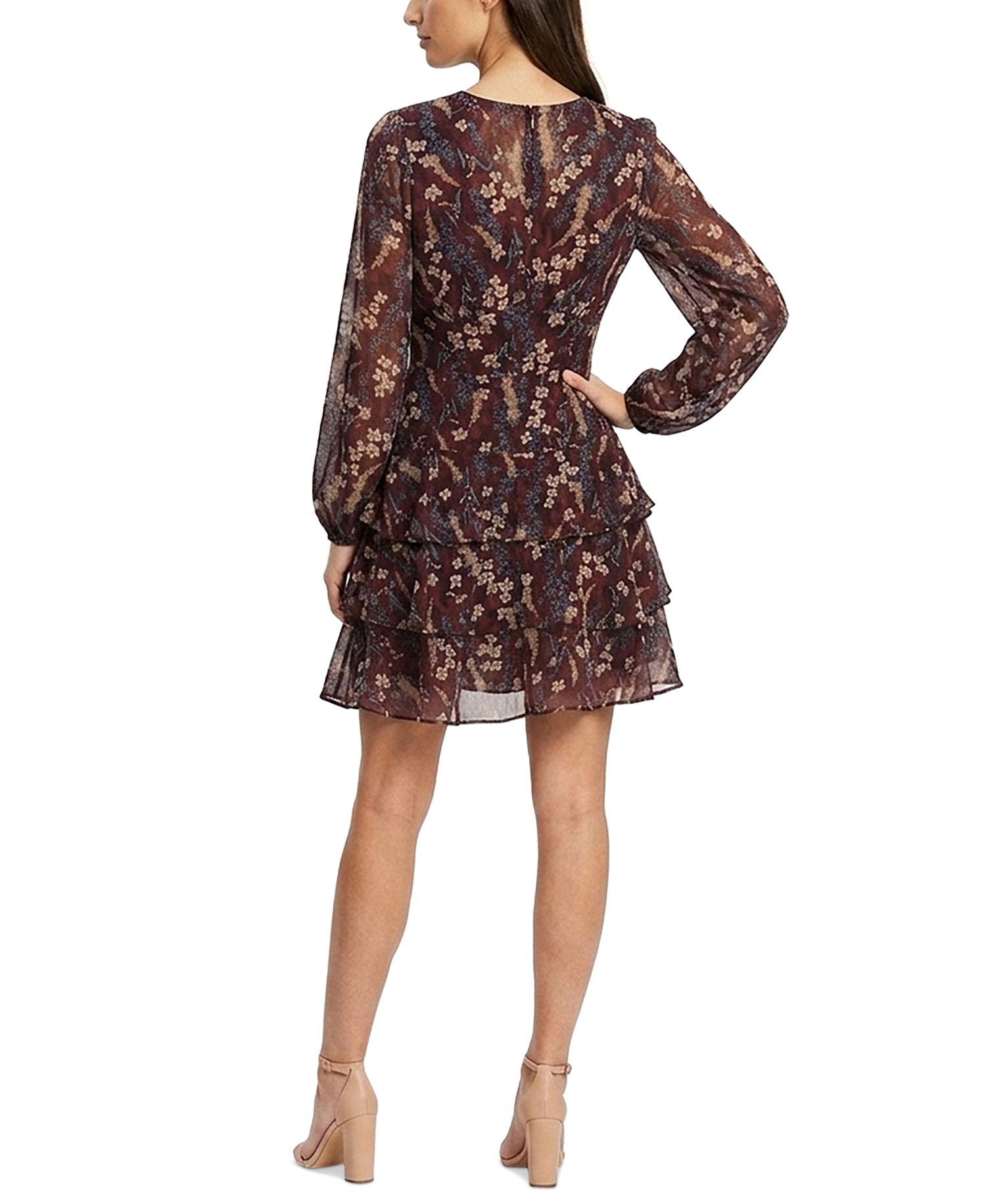 Women's Floral-Print Tiered Long-Sleeve V-Neck Mini Dress