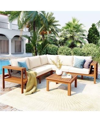 4-Piece Outdoor Acacia Wood Conversation Set L-Shaped Patio Sectional with Cushions