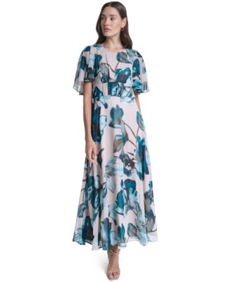 Women's Floral Flutter-Sleeve A-Line Dress