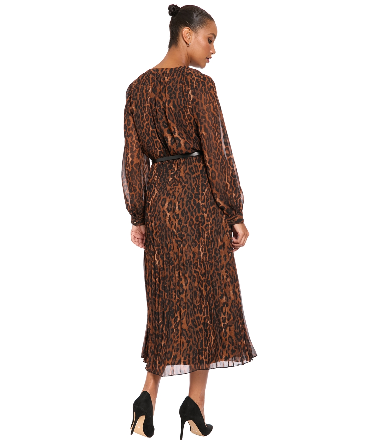 London Times Petite Belted Pleated Skirt Chi Leopard-Print Long-Sleeve Dress