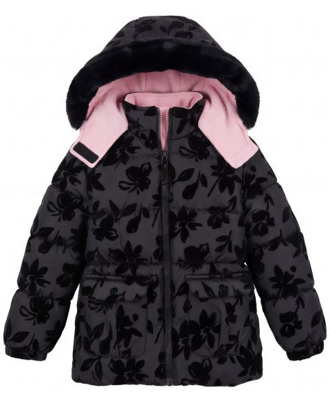 Куртка Kensie Girl Floral Flocked Puffer Jacket для девочек-малышей, цвет: Чёрный