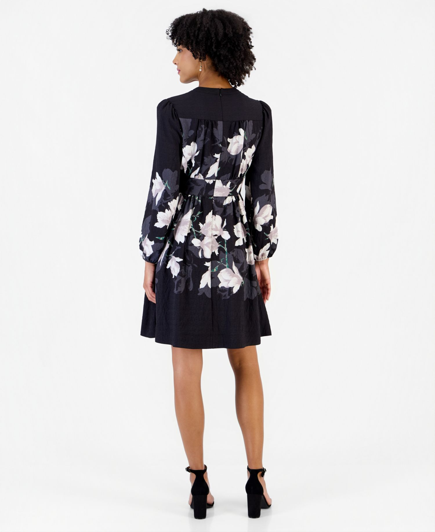 Women's Long-Sleeve V-Neck Floral-Print Shirt Dress