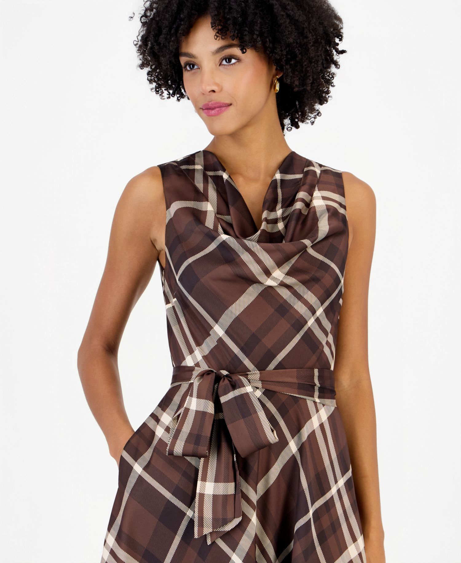 Women's Drape Neck Plaid Midi A-Line Dress