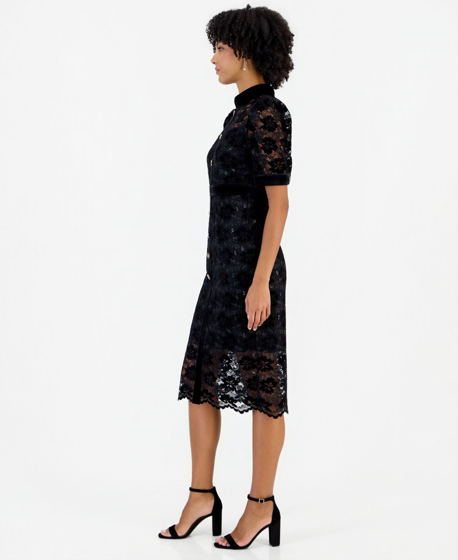 Women's Lace and Velvet Floral Midi Shirt Dress