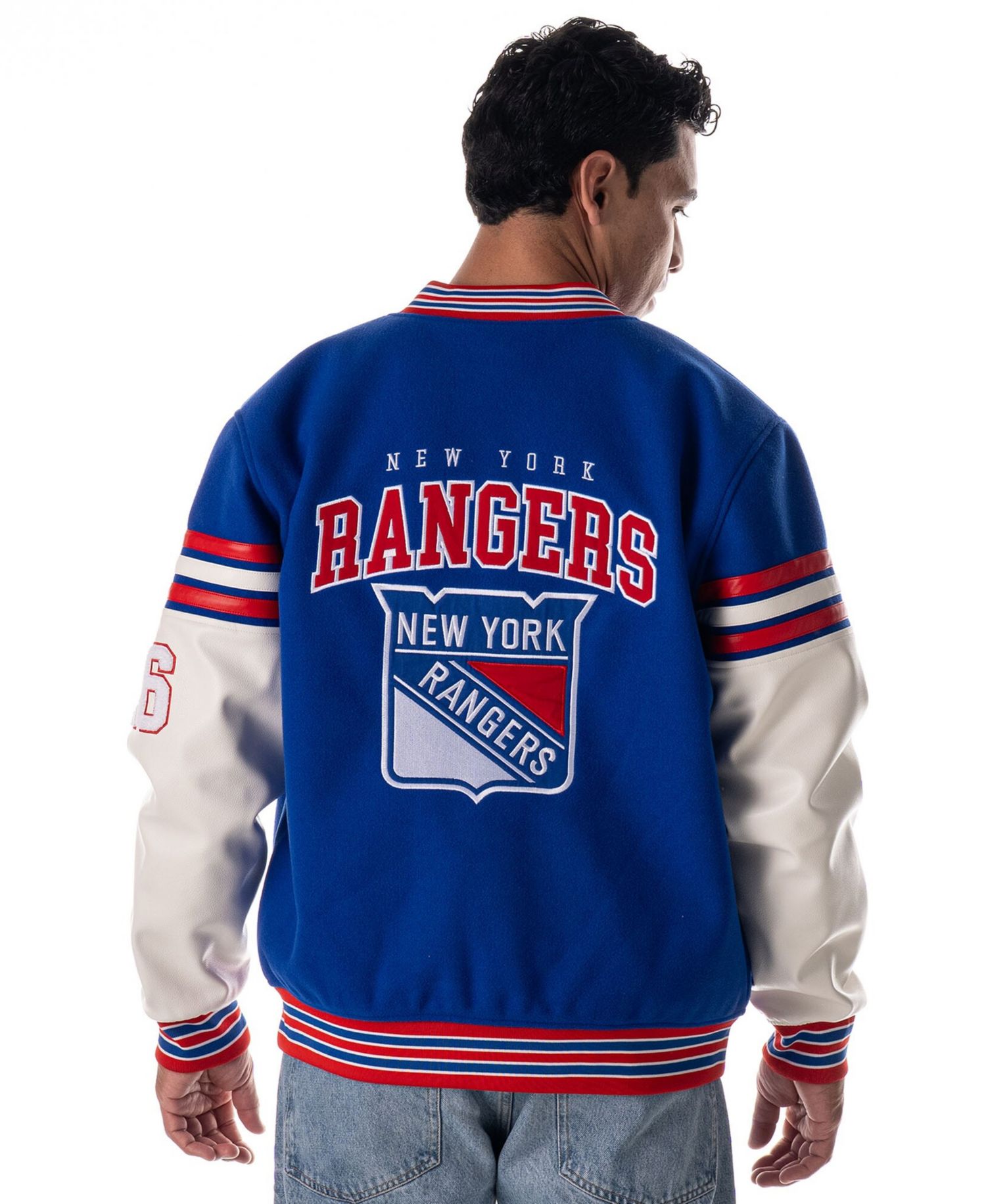 Men's and Women's Blue New York Rangers Drop Shoulder Full-Snap Varsity Jacket