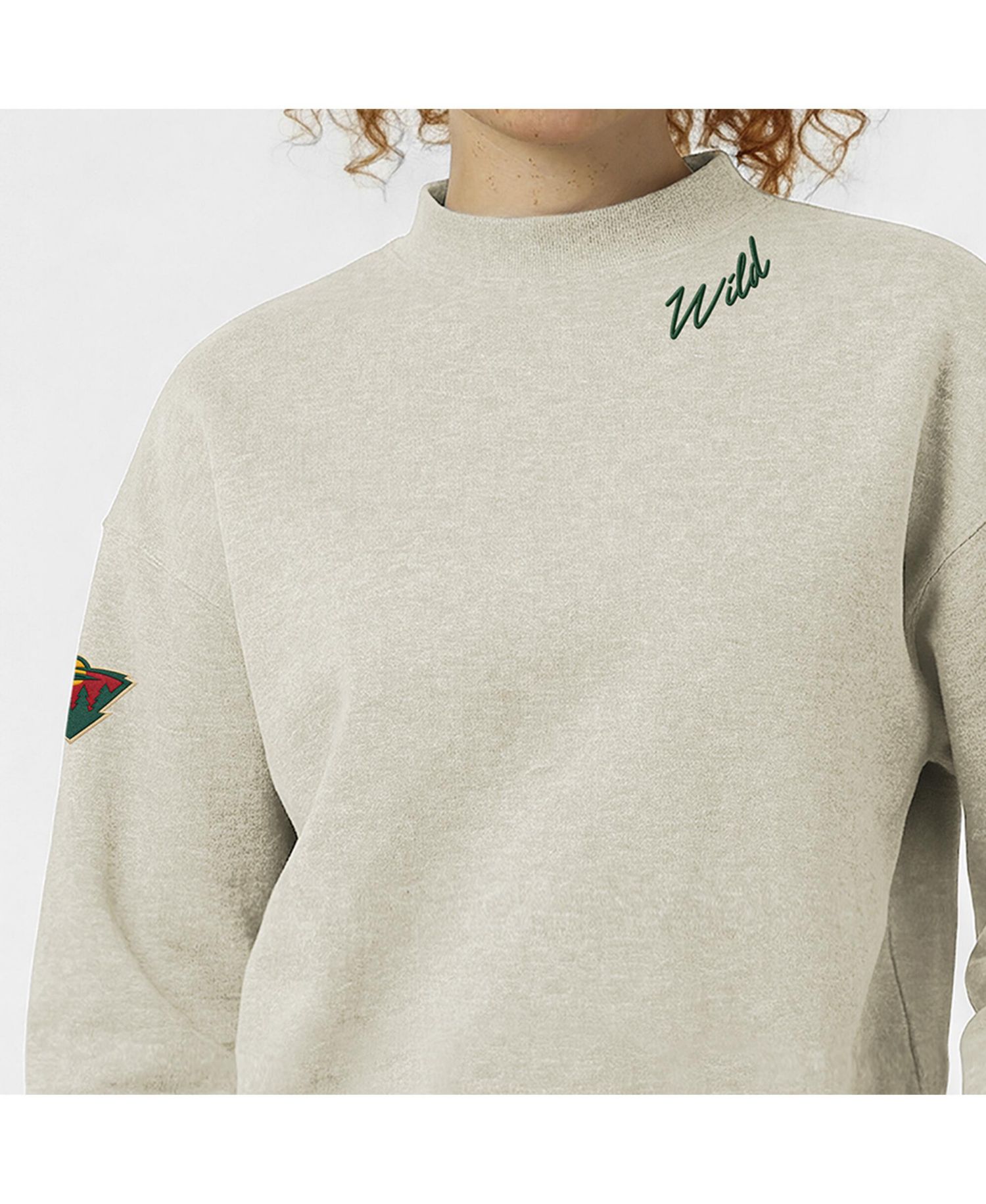 Women's Oatmeal Minnesota Wild Collar Script Triumph Fleece Crewneck Sweatshirt