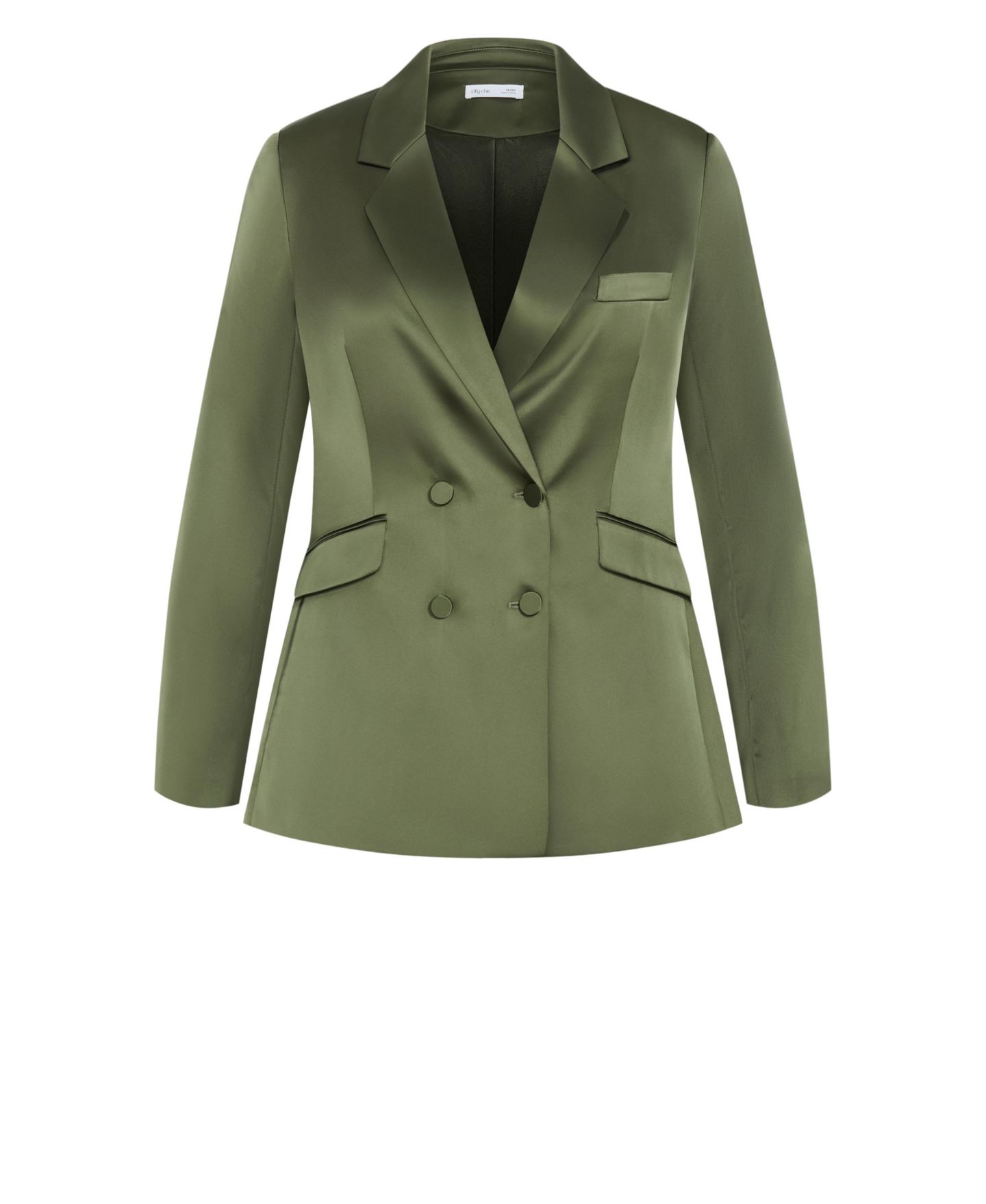 Женский пиджак CITY CHIC Plus Size Rylie Double-Breasted Satin Mid-Length Blazer, цвет: Оливковый — фото 4