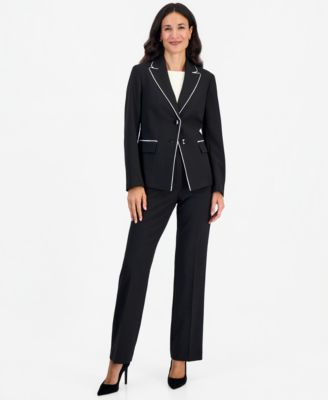Petite Two-Button Peak-Collar Contrast-Piping Pant Suit, 2-Piece