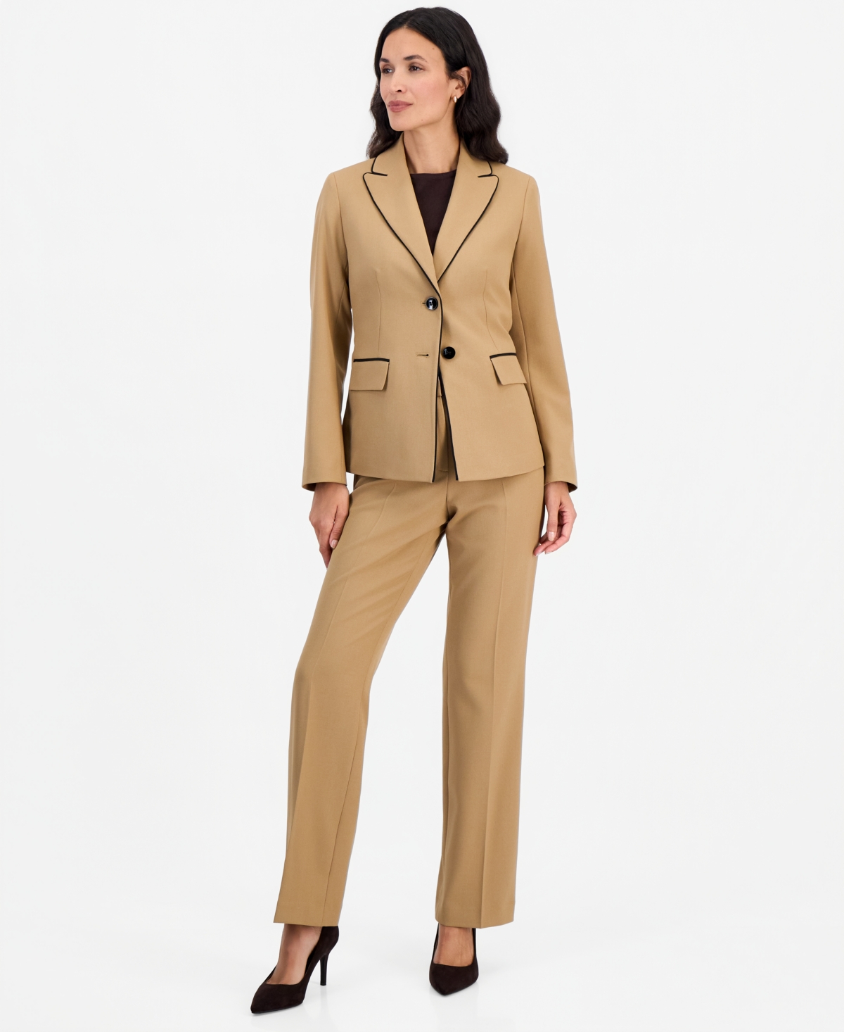 Le Suit Women's Kate Two-Button Contrast Piping Jacket and Pants, 2-Piece Suit - Camel/black