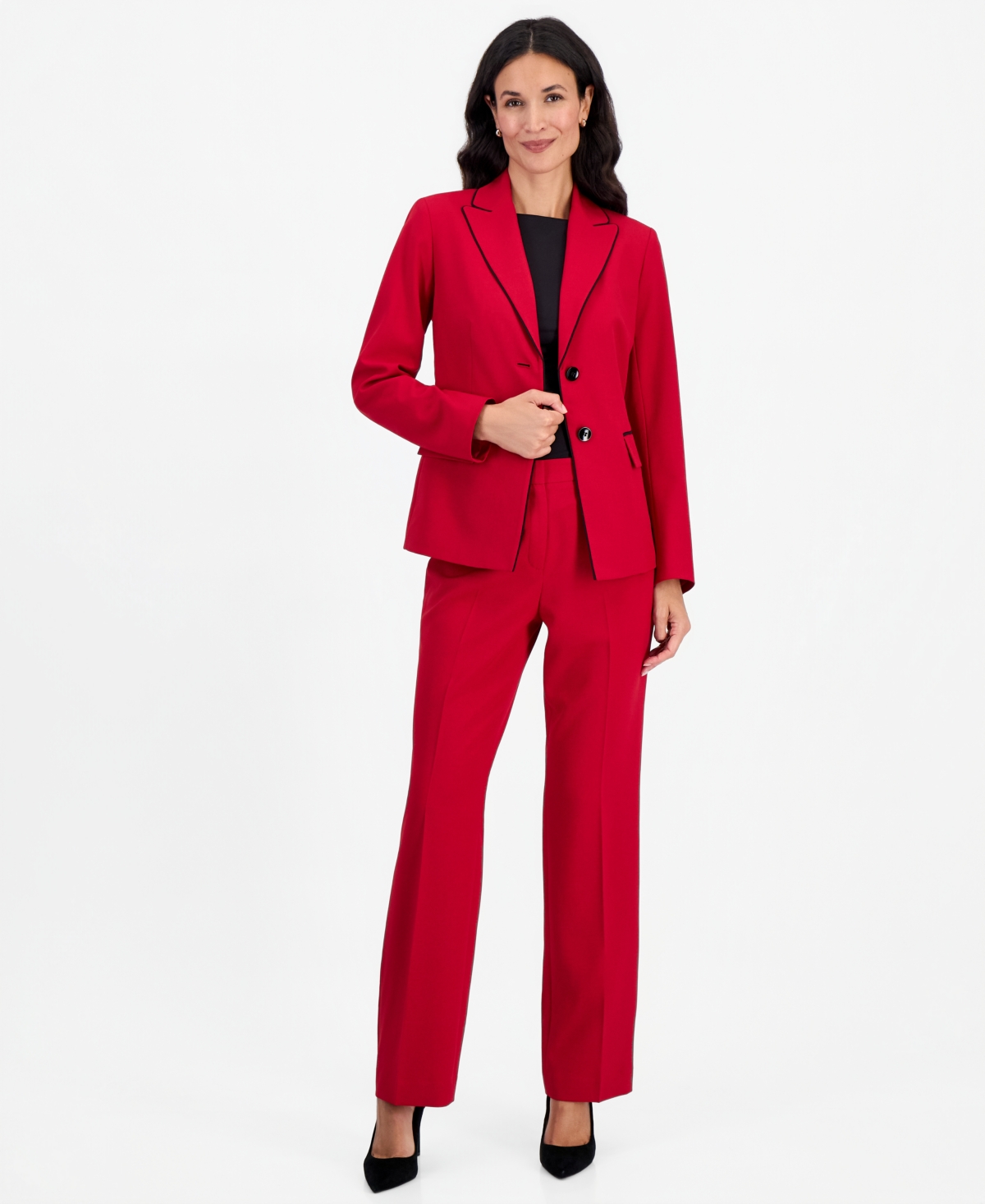Le Suit Petite Two-Button Peak-Collar Contrast-Piping Pant Suit, 2-Piece - Cherry/black