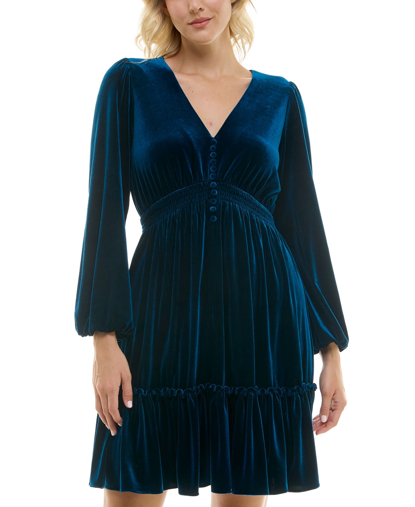 Женское платье Taylor V-Neck Smocked-Waist Long-Sleeve Velvet, цвет: Синий — фото 2