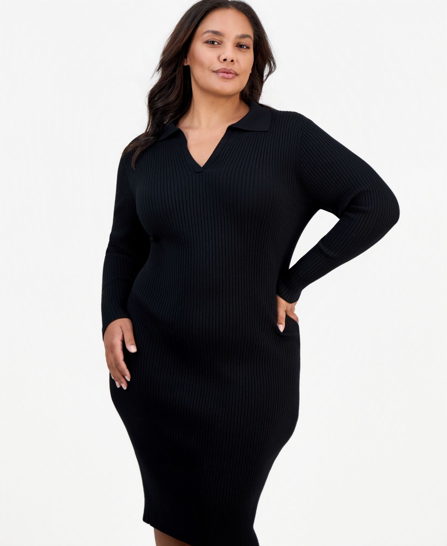 Plus Size Long-Sleeve Bodycon Polo Collar V-Neck Rayon-Polyester Blend Midi Dress