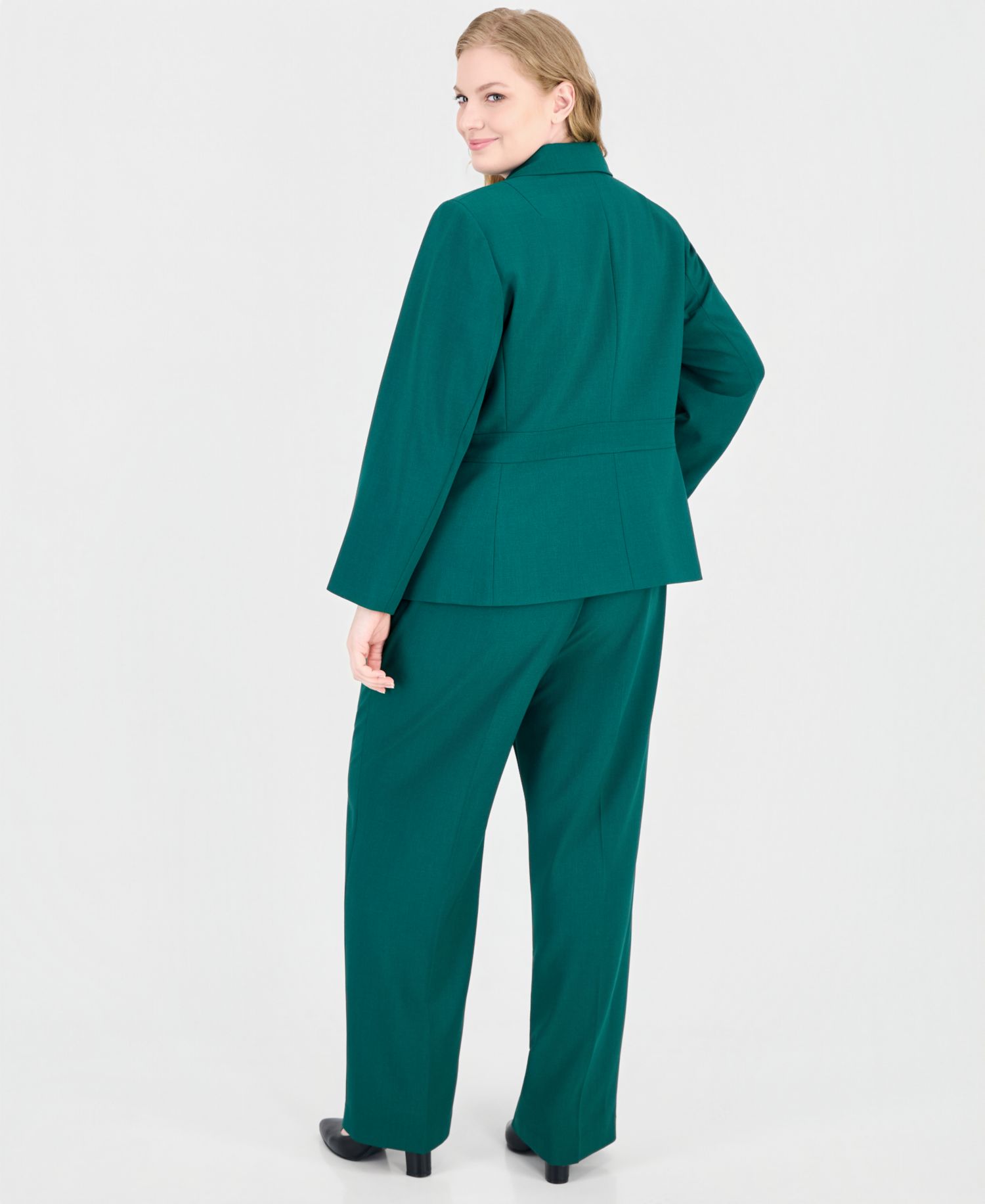 Plus Size Classic Fit Inset Waist Two Button Notch Collar Jacket and Wide Leg Pant, 2-Piece Set