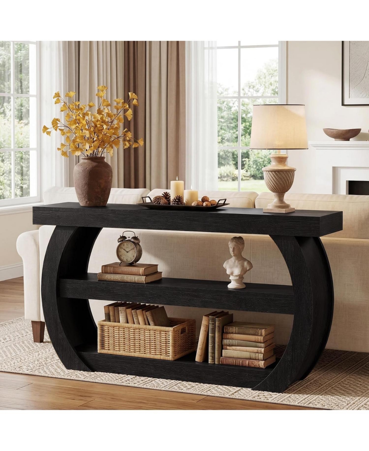 Tribesigns Farmhouse Console Table, 3-Tier Wooden Entryway Table with Storage Shelves, Long Rectangular Sofa Behind the Couch