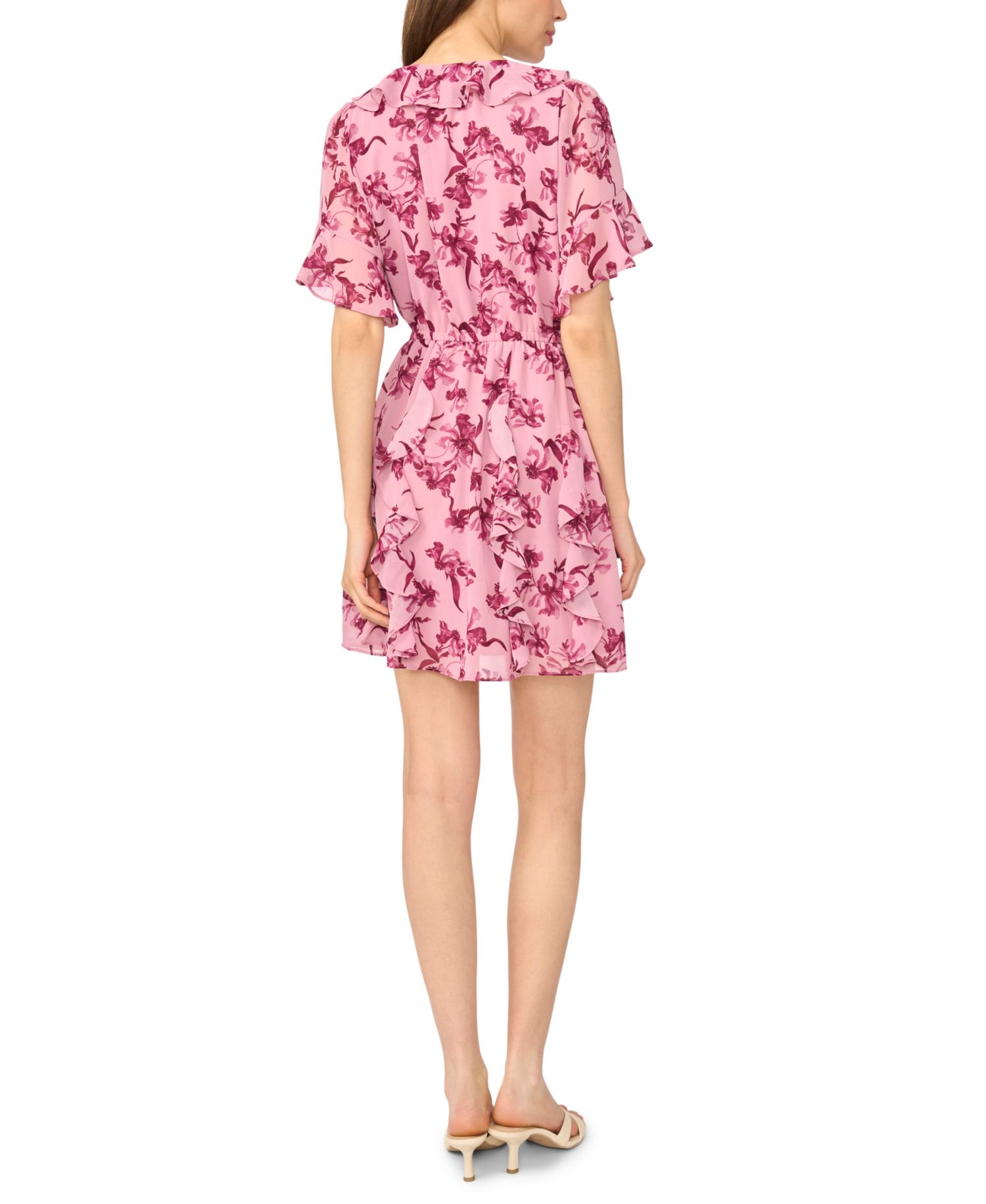 Women's Waterfall Ruffle Short-Sleeve Mini Floral V-Neck Dress