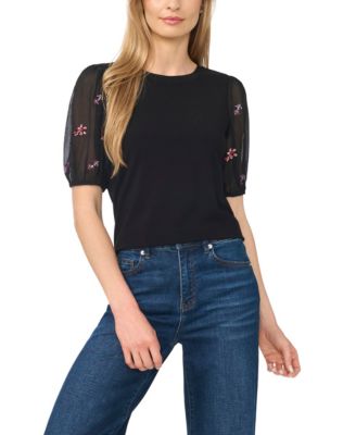 Women's Beaded Short-Sleeve Mixed-Media Crew Neck Blouse