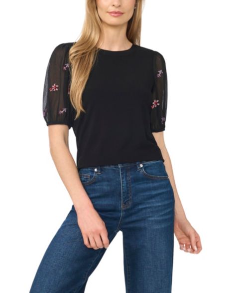 Женская блузка CeCe Beaded Short-Sleeve Mixed-Media Crew Neck Blouse, цвет: Насыщенный чёрный