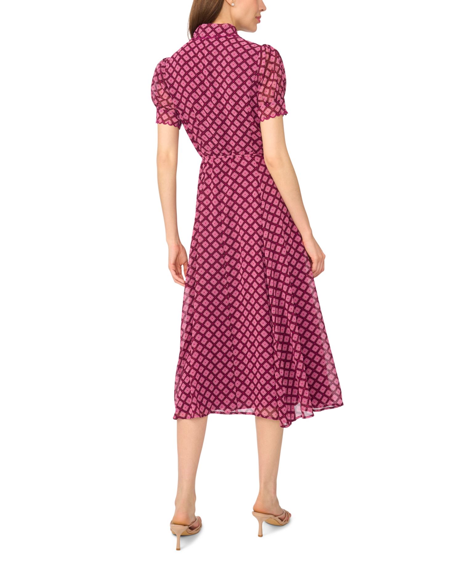 Women's Scalloped Geometric-Print Short-Sleeve Midi Dress
