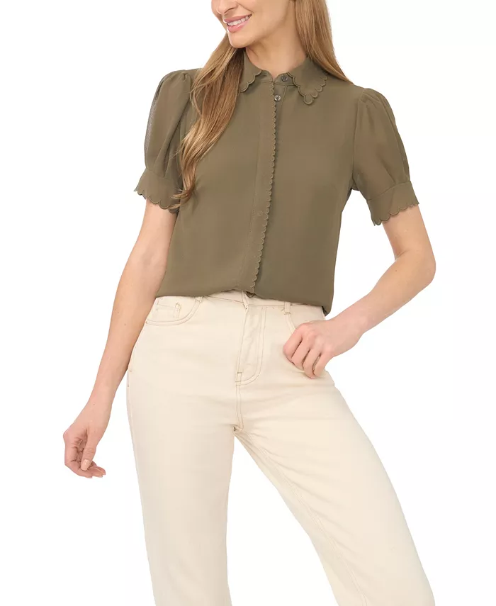 Women's Scalloped Puff-Sleeve Button-Front Top - thumbnail 7