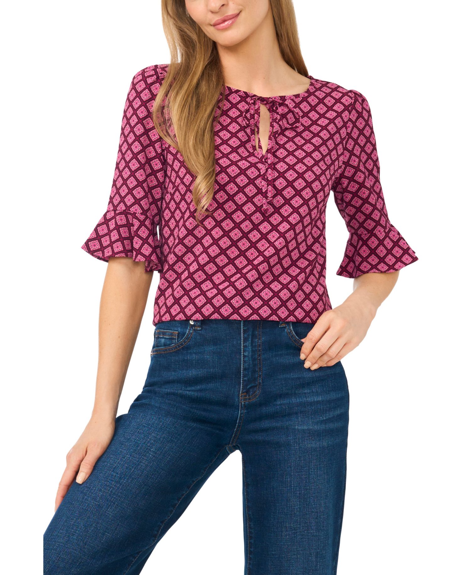 Women's Split Tie Neck 3/4-Sleeve Ruffle Cuff Blouse
