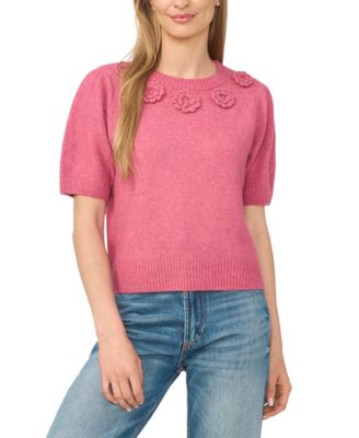 Women's Short-Sleeve Crewneck Knit-Flower Sweater