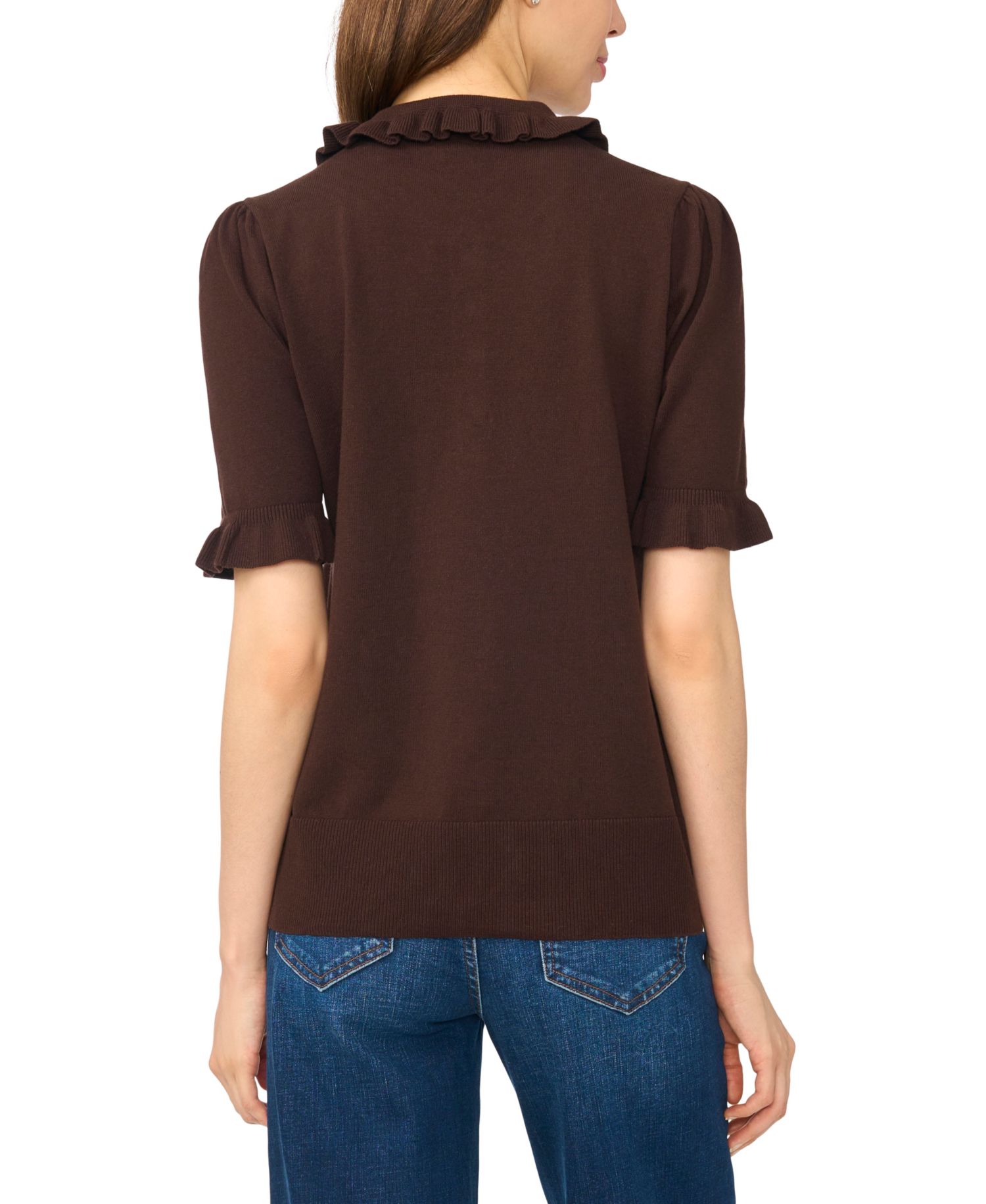 Women's Short-Sleeve Ruffle-Collar Ribbed-Knit Polo Sweater