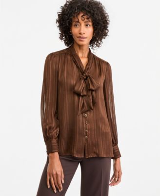 Women's Tie Neck Satin Stripe Long-Sleeve Blouse