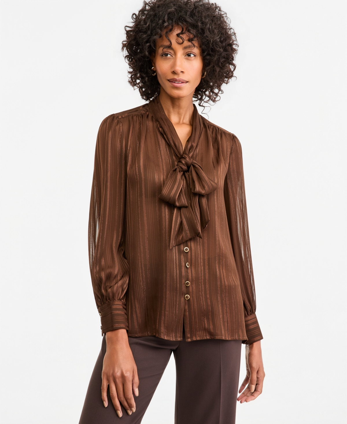 Tahari Asl Women's Tie Neck Satin Stripe Long-Sleeve Blouse