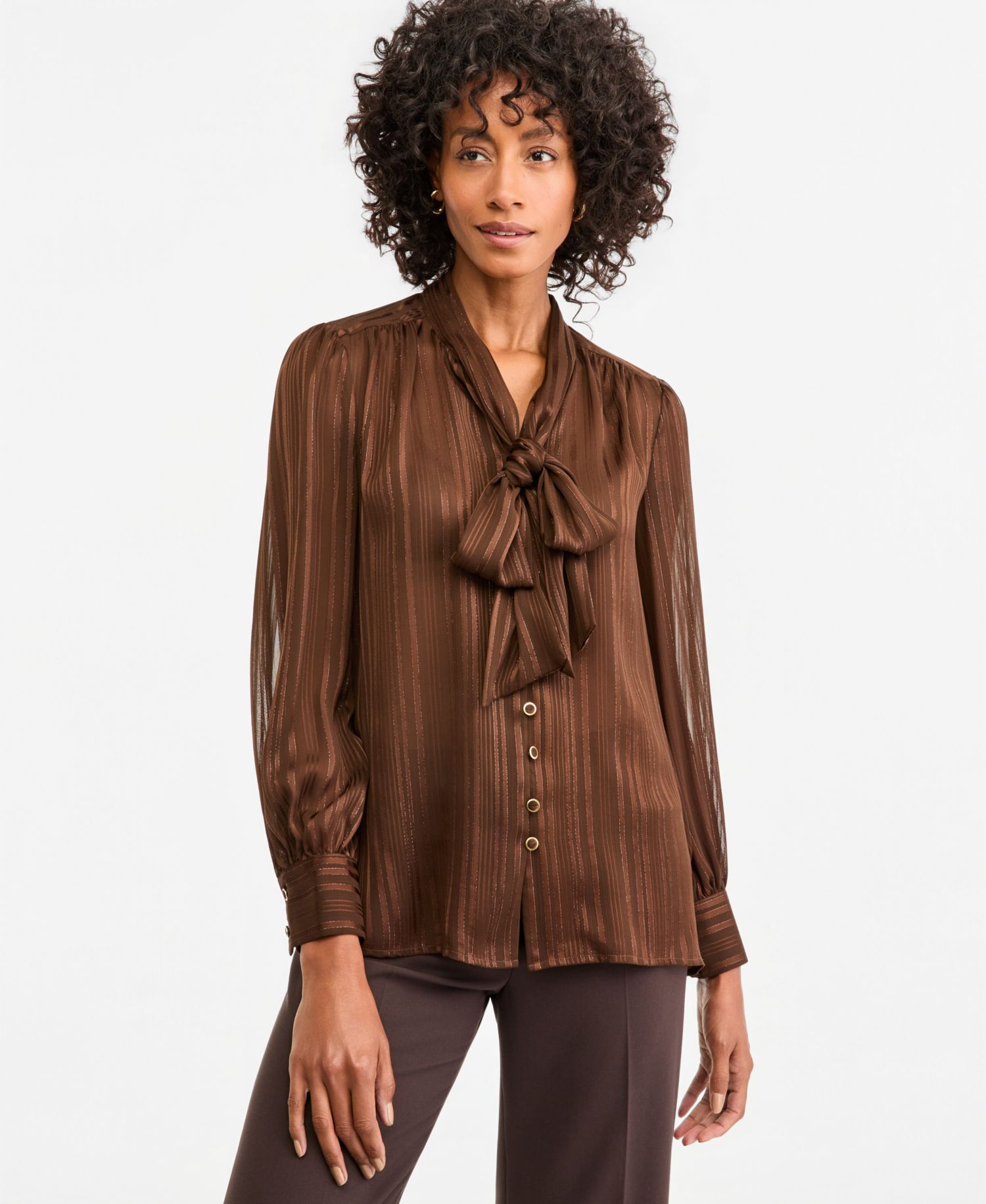 Women's Tie Neck Satin Stripe Long-Sleeve Blouse