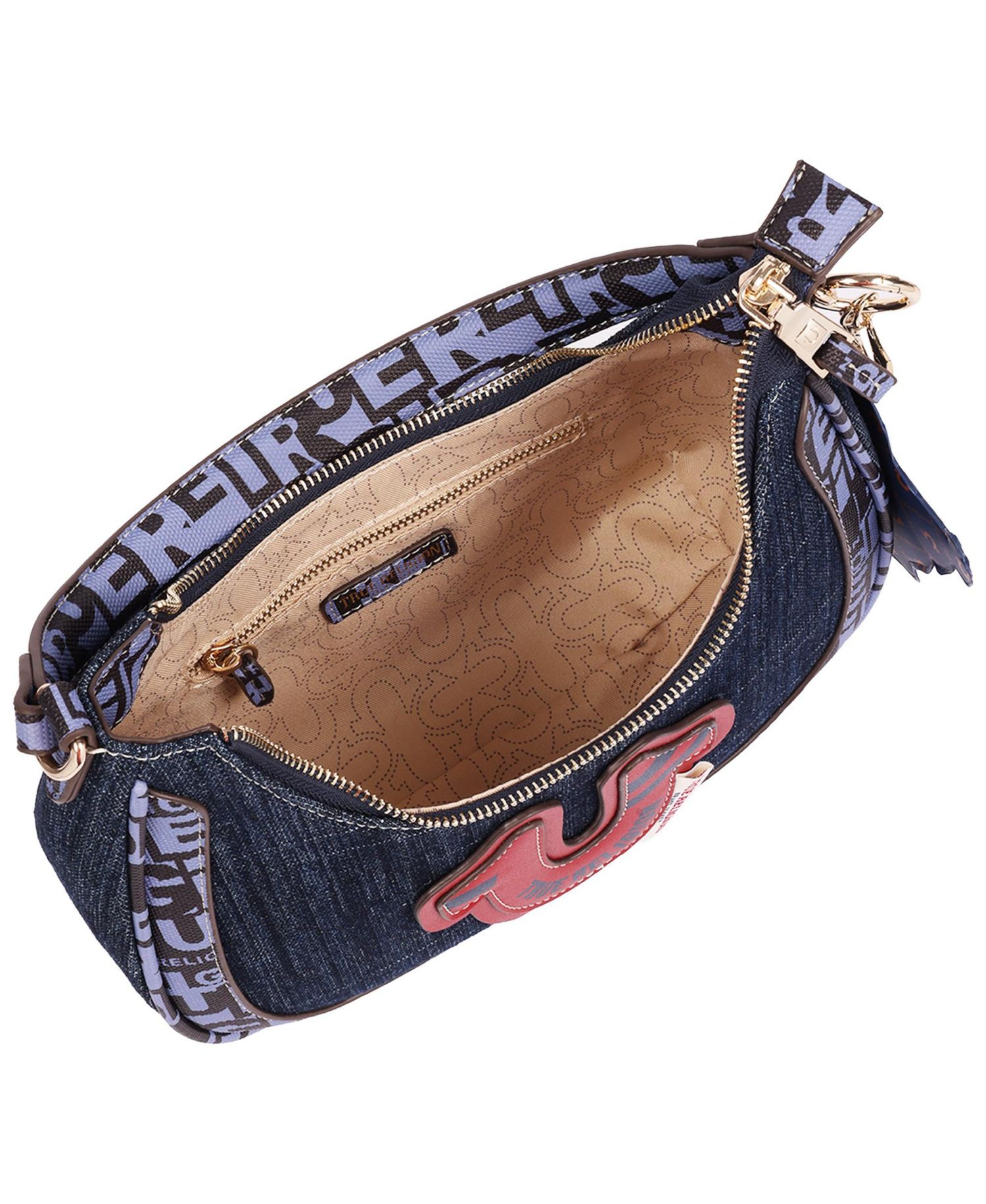 Graphic Trim Denim Hobo Bag with Buddha Charm