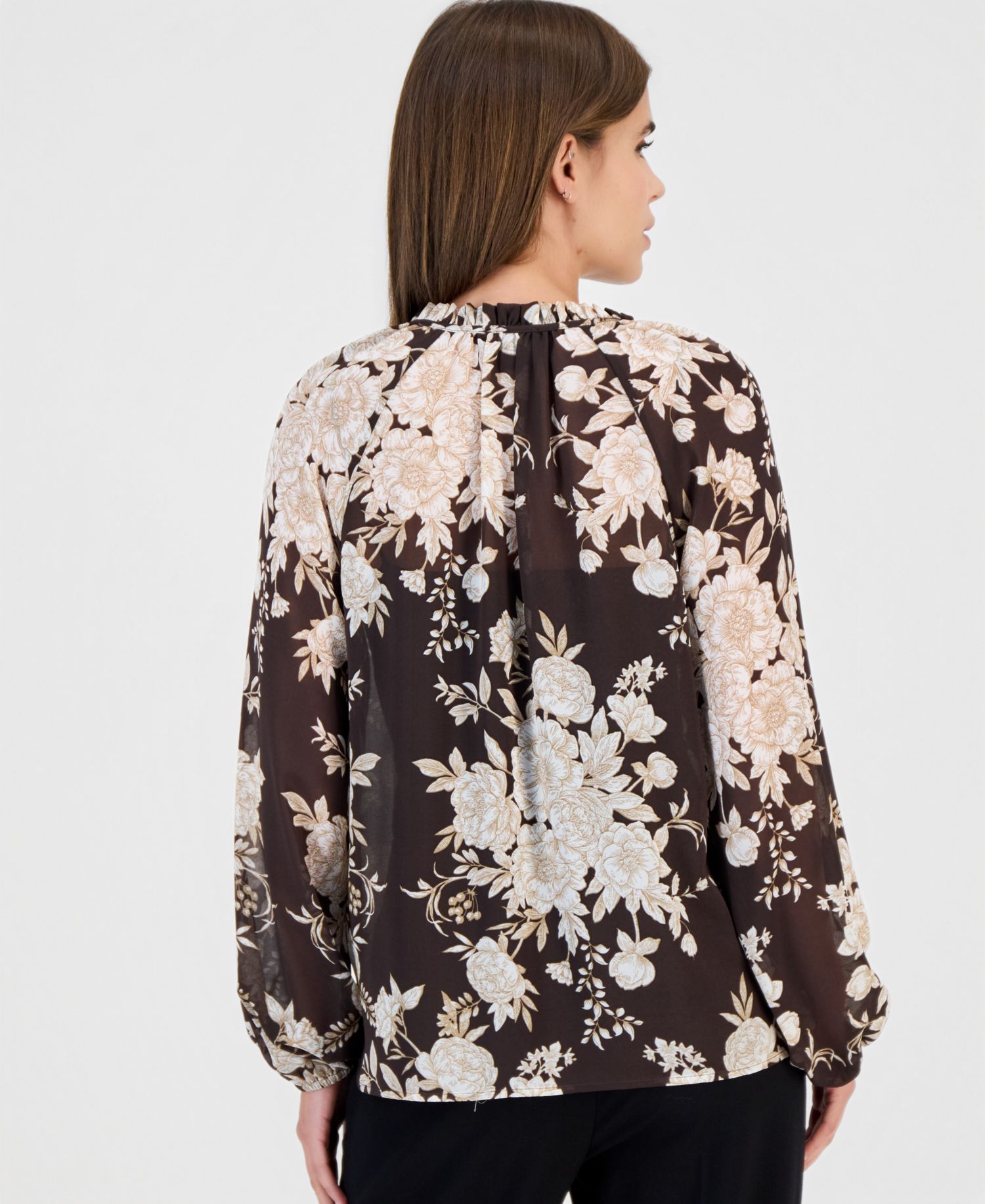 Women's Bow-Tie Neck Long-Sleeve Floral Blouse