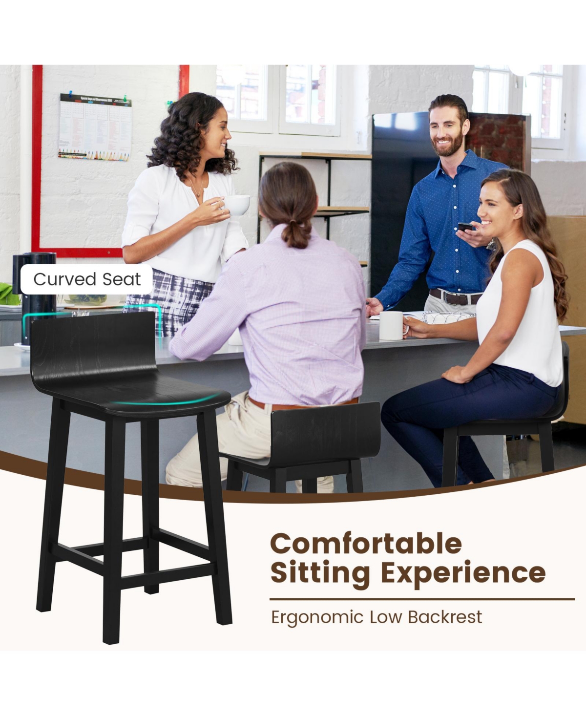 Wooden Bar Stools Set of 2 with Solid Backrest and Seat Design